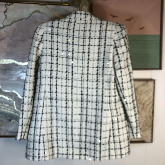 Express Womens Plaid Double Breasted Boyfriend Blazer Jacket Cream Black Medium - Picture 2 of 6